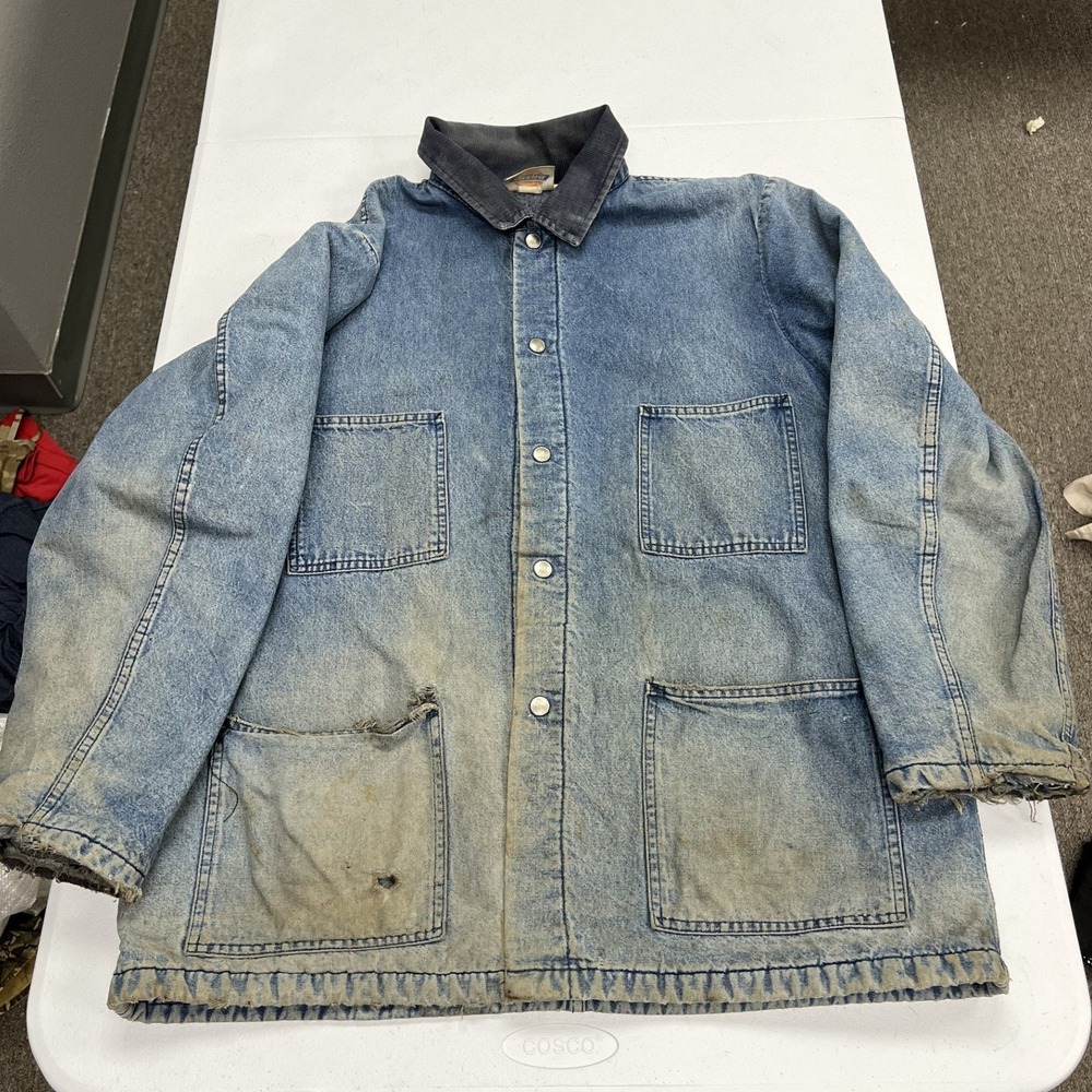 Dickies Chore Coat Mens XL Blue Denim Blanket Lined Distressed Corduroy Collar
